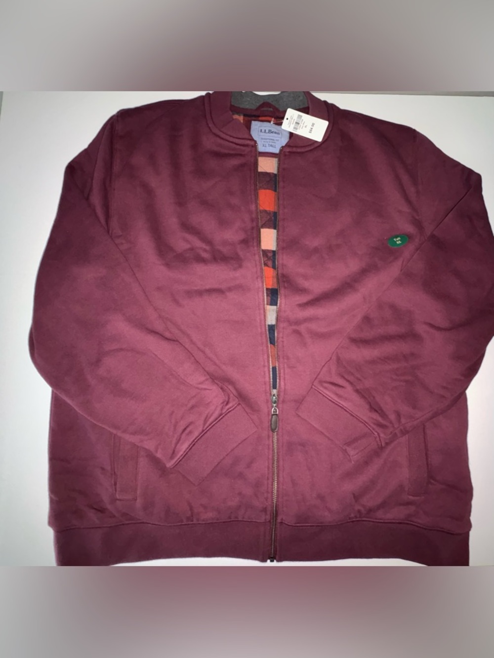 L.L. Bean Flannel Lined Sweatshirt Jacket XL Tall Full Zip Wine